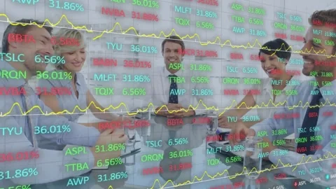 Team of five leaning joining hands after closing deal, market tickers trend Stock Footage 332285871