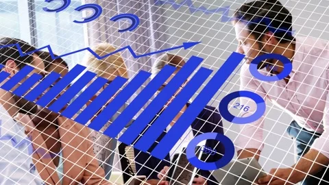 Team of five leaning over devices wireframe grid sparking blue charts while Stock Footage 333448630