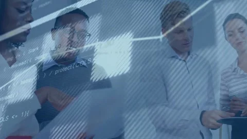 Team of five studying paper, tapping tablet, showing charts and code over group Stock Footage 333414339