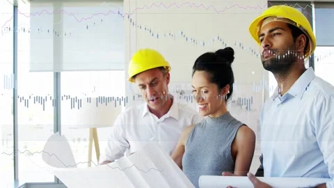Team following project lead pointing outside studying plans for construction Stock Footage 333221082