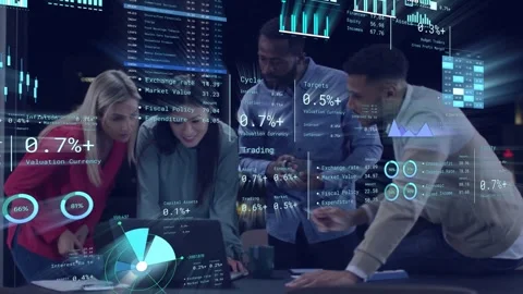 Team of four analysts approaching laptop, leaning in, activating 3D charts, Stock Footage 333575602