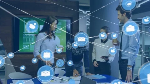Team of four collaborating while phone alert sparking mail icon forming business Stock Footage 333034982