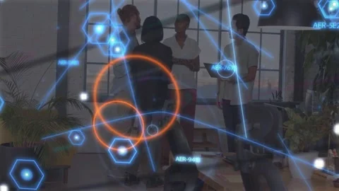 Team of four discussing tech by grid window, HUD rings sliding, masking and Stock Footage 333425549