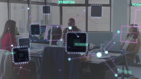 Team of four examining connected tech, camera zooming starting AR nodes linking Stock Footage 333873757