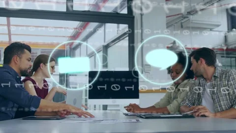 Team of four reviewing documents in business meeting after tablet tap, icons Stock Footage 334788694