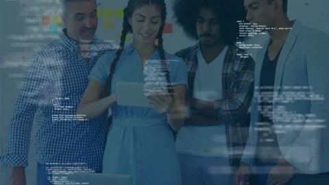 Team of four standing by glass table woman tapping tablet causing code overlay Stock Footage 334744152