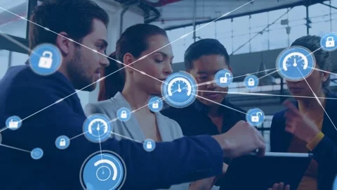 Team of four touching tablet screen, starting security HUD, locks layering over Stock Footage 331635366