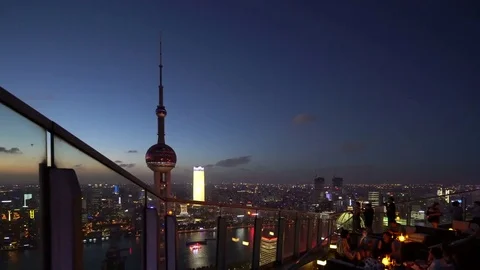 Team gala dinner under the night Oriental Pearl tower Stock Footage 79427763