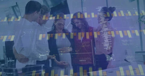 Team gathering around expecting peer and expanding transparent bar chart overlay Video stock 313149746