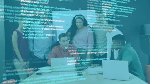 Team gathering at meeting table starting code review for debugging with code Stock Footage 319871892