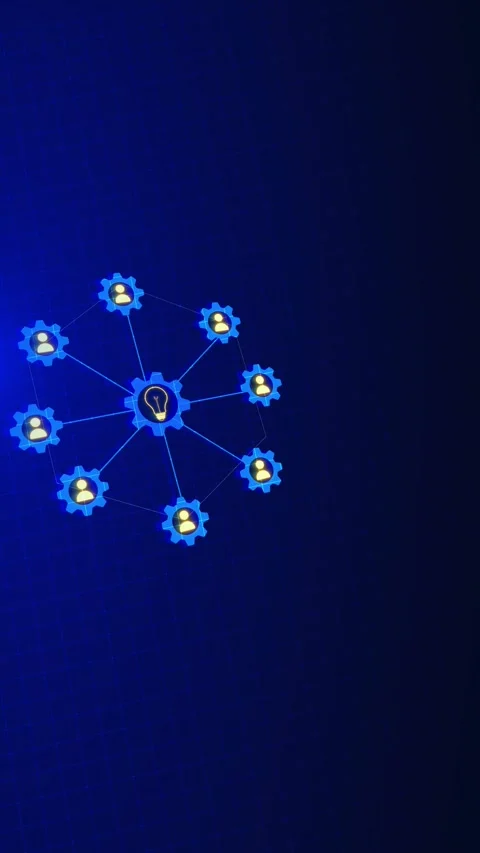 Team gear network blue user icons, connected lines, yellow idea bulb, dark grid Stock Footage 340569380