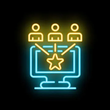 Team giving feedback on computer with neon effect Stock Illustration