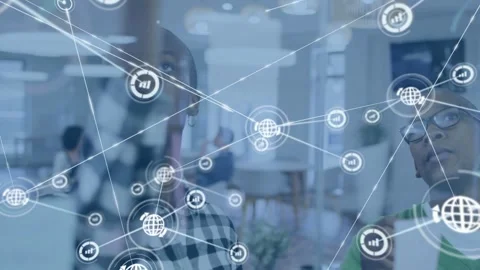 Team at glass pointing notes for planning while circle icon appearing, growing, Stock Footage 332804906