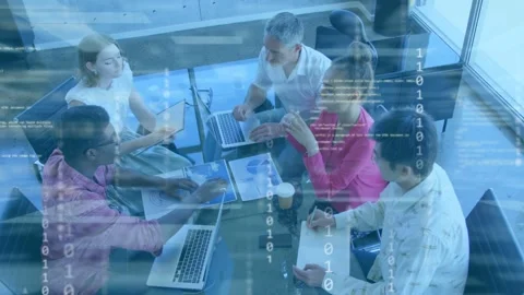 Team at glass table tapping tablet starting code overlay then fading during Stock Footage 333552929