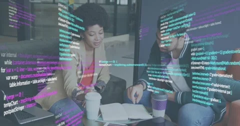 Team grabbing cups, marking notebook lines in lounge, drifting code illustrating Stock Footage 318114575