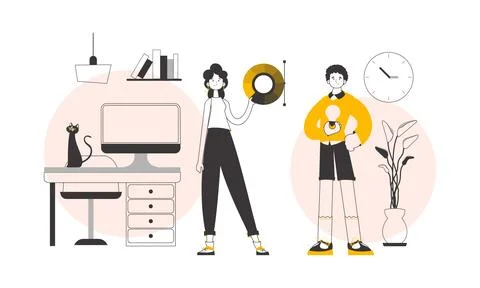 Team of graphic designers. Linear style. Vector illustration. Stock Illustration