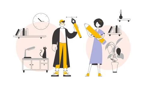 Team of graphic designers. Modern linear style. Vector. Stock Illustration