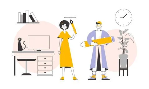 Team of graphic designers. Trendy linear style. Vector. Stock Illustration