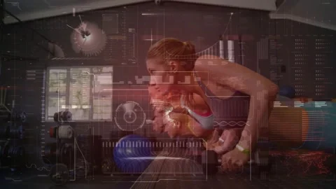 Team gripping bars syncing tricep dips, HUD tracking pulse, camera focusing lead Stock Footage 330718182