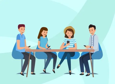 A team of guys sitting in the office at the table. Stock Illustration