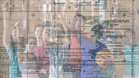 Team in gym cheering rotating trophy, celebrating sports win with code overlay Stock Footage 320916156