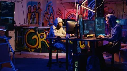 Team of hackers developing spyware Foto stock