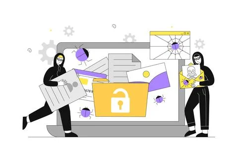 Team of hackers. Two men in black hoodie near computer with files and folders Stock-Illustration