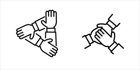 Team hands icon. Three hands holding together team work. Simple design. Line Stock Illustration