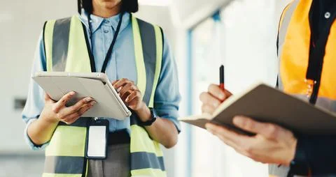 Team, hands or planning with tablet for construction site, writing notes or Stock Photos