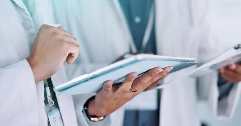 Team, hands or scientist with tablet for research, new study or scientific data Stock Photos