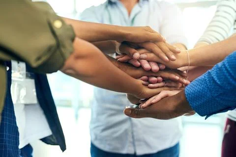 Team, hands together and commitment of staff with collaboration, support and Stock Photos