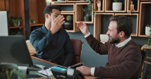 Team, handshake and men with computer in business, investment banking and high Stock Footage 341559695
