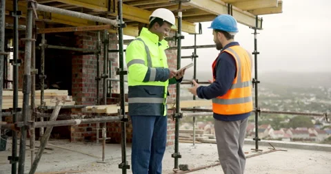 Team, handshake and men with tablet on construction site, talking and planning Stock Footage 337632860