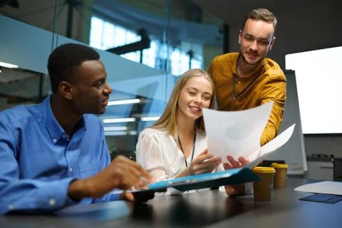 Team of happy managers, IT idea presentation Stock Photos
