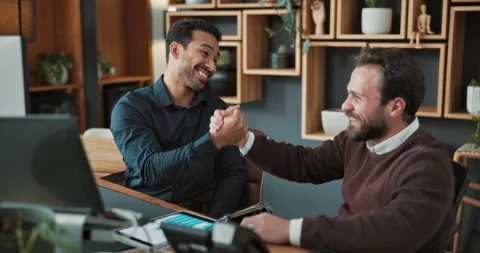 Team, high five and men with computer in business, investment banking and Stock Footage 341573578