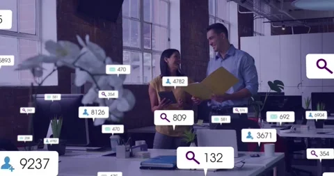 Team holding folder and tablet reviewing docs in office as data callouts Stock Footage 333833222