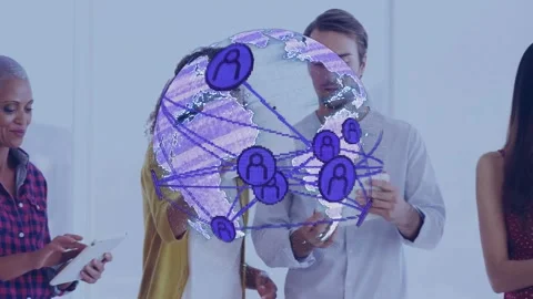 Team holding tablets globe forming drawing gaze network linking pair aligning Stock Footage 333540064