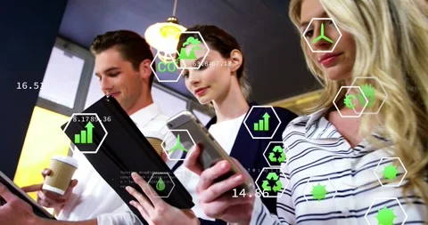 Team holding tabs and cups cam panning bringing phone green HUD over group Stock Footage 328265286
