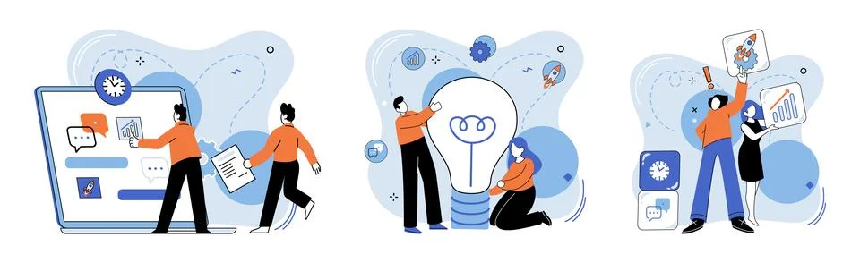 Team idea. Knowledge sharing and cooperation lead to development groundbreaking Stock Illustration