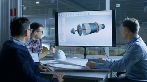 Team of Industrial Engineers Discuss 3D Turbine/ Engine Part Design  Stock Footage 77564828