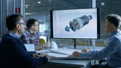 Team of Industrial Engineers Discuss 3D Model of Turbine/Engine Design on Screen 스톡 동영상 77565836