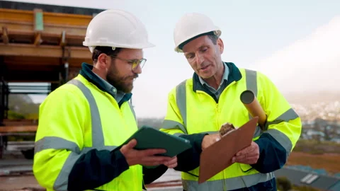 Team, inspection and tablet on construction site with clipboard, engineering Stock Footage 336200456