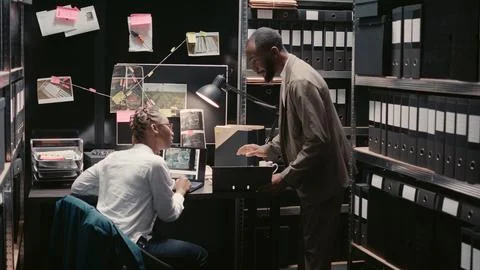 Team of inspectors analyzing case reports for details Foto stock