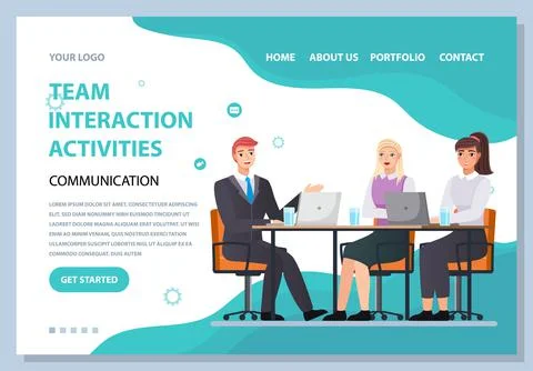 Team interaction activities webpage template. People work together and interact イラスト素材