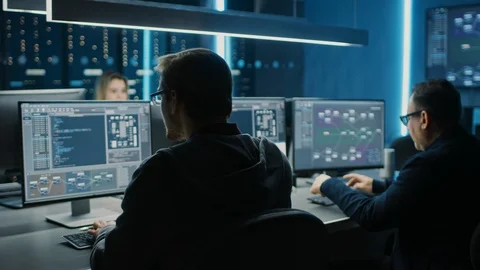 Team of IT Programers Working on Desktop Computers in Data Center Control Room. Stock Footage 103268458
