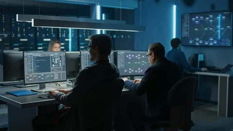 Team of IT Programers Working on Desktop Computers in Data Center Control Room. Stock Footage 103269514