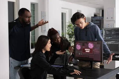 Team of it programmers having web server hacked 写真素材