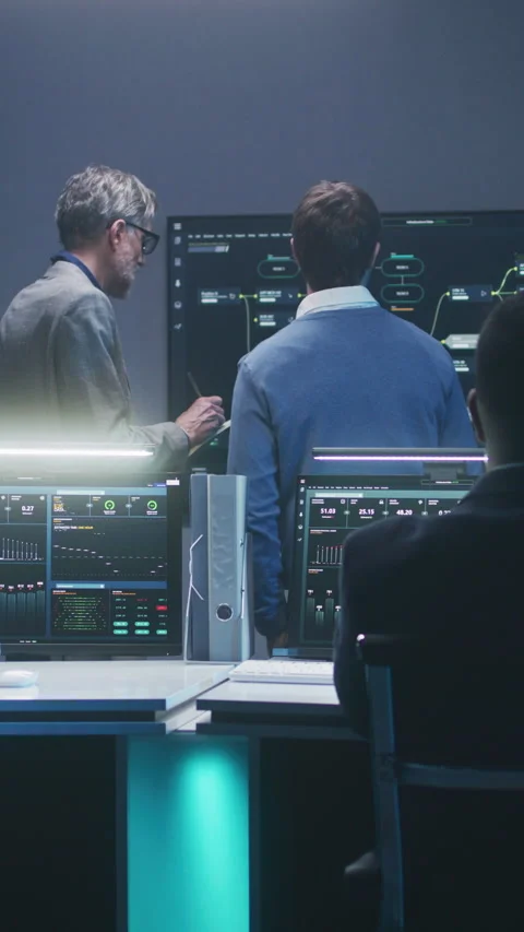 Team of IT technical specialists and software programmers work in monitoring Video stock 276089171