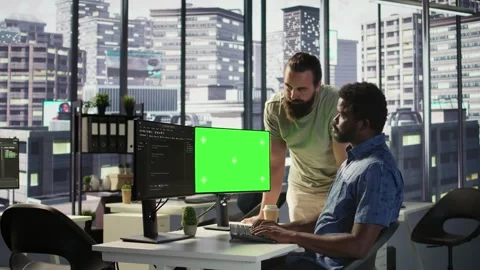 Team of IT workers using green screen computer Stock Footage 318163110