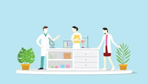 Team of laboratory learn science discuss chemistry - vector Stock Illustration